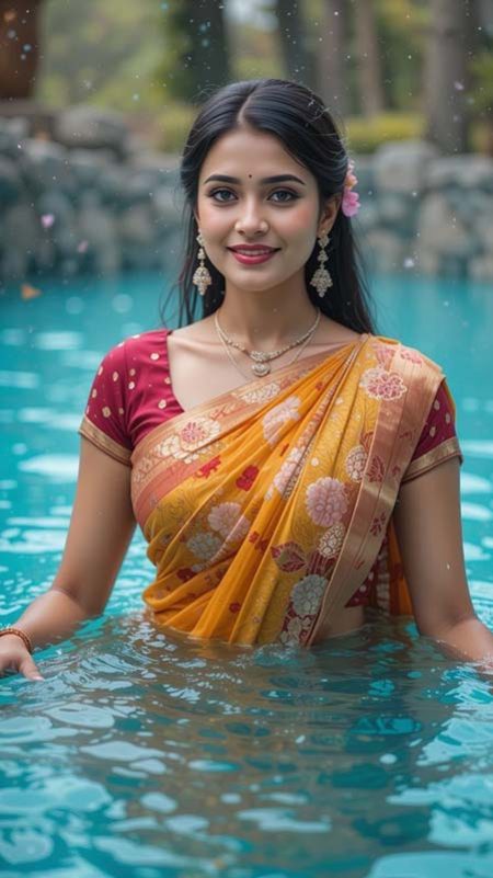 indian-woman-yellow-saree-purple-blouse.jpg Ultra-realistic portrait of an Indian woman wearing a golden-yellow saree with a purple embroidered blouse, intricate embroidery and jeweled waist belt, indoor living room with warm fairy light bokeh