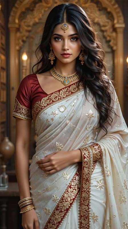 indian-bride-pink-coral-saree-floral-temple.jpg ealistic bridal portrait of an Indian woman wearing a coral pink saree with golden embroidery and waist belt, decorated with flowers in her hair, standing near temple entrance with garlands